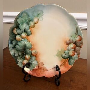 Hand-Painted Bavarian Bone China Plate with Green & Orange Floral Accents